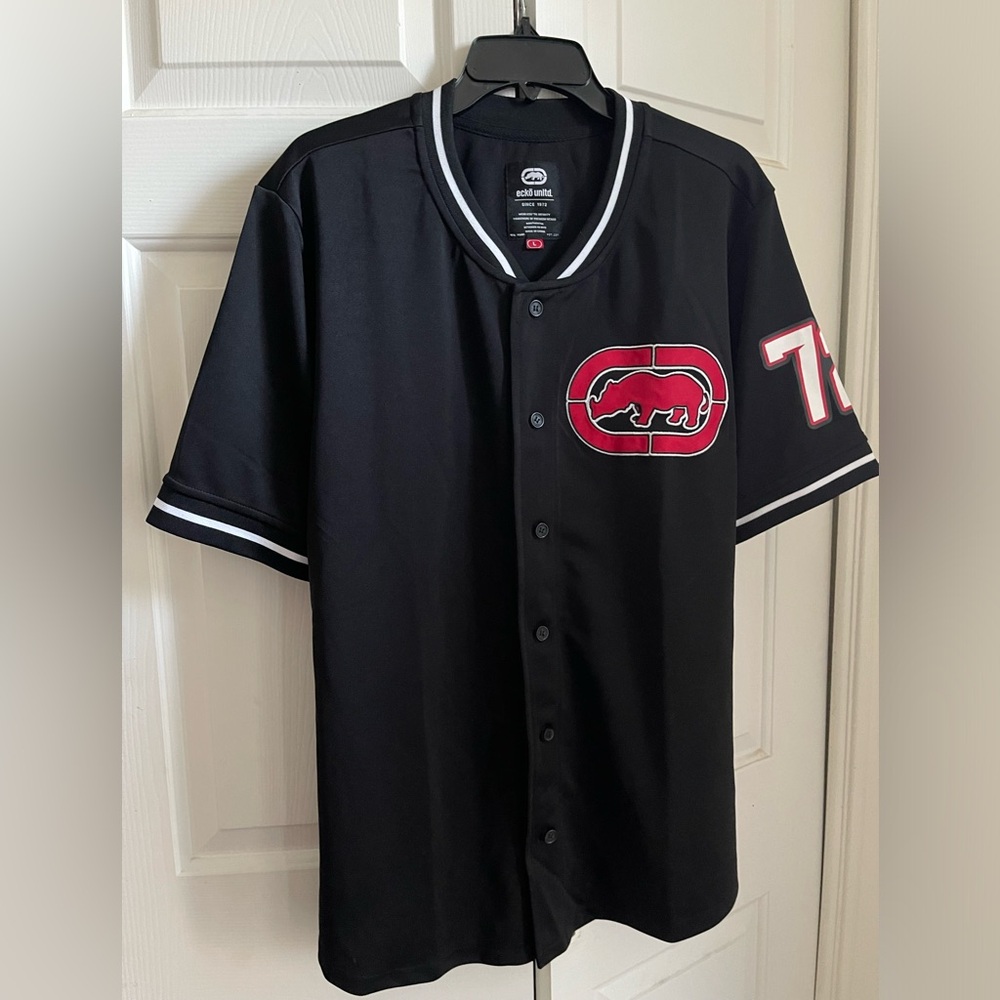 Ecko Unltd Men's Large Black/Red Baseball Jersey At Bats Button Front Top